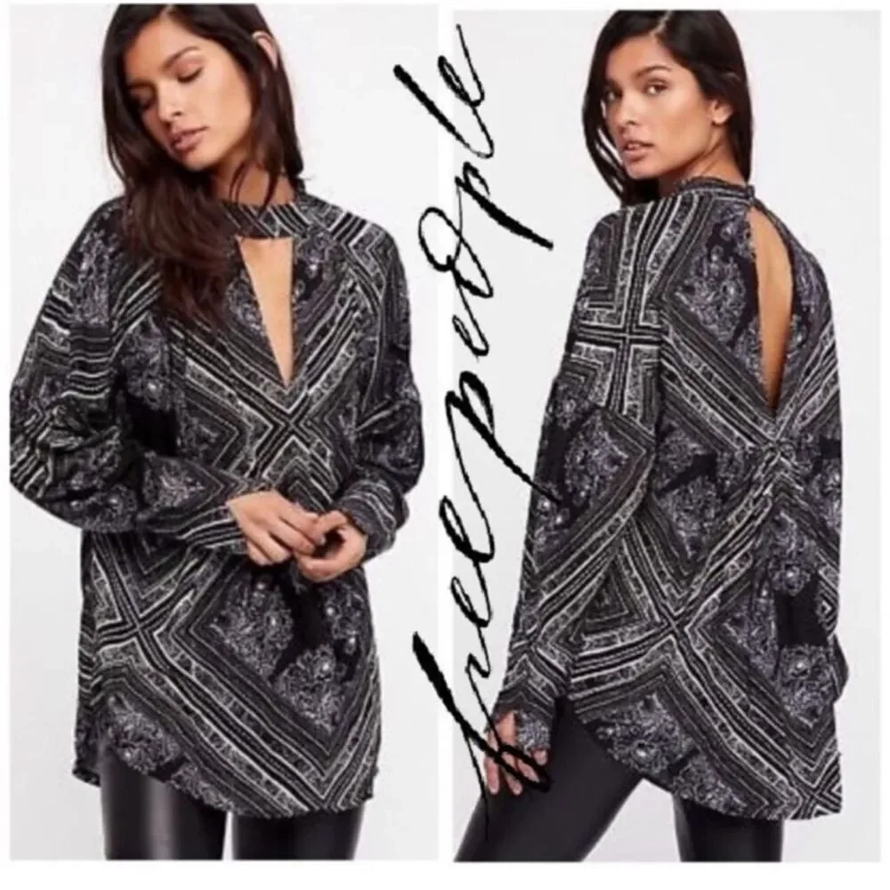 Free People Women's Walking On a Dream Tunic Top Long Sleeve Black Size L NWT
